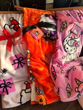 Hello Kitty Plush Throw Blanket Trio - Pink, Orange, White